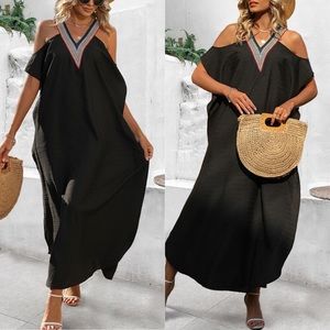 🖤 CASUAL BLACK COLD SHOULDER LOOSE FIT VNECK MAXI DRESS!